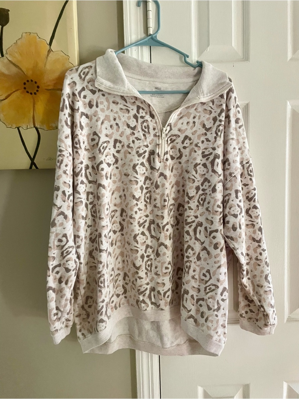 aerie Leopard Quarter-Zip Pullover Hoodie in Cream and Taupe